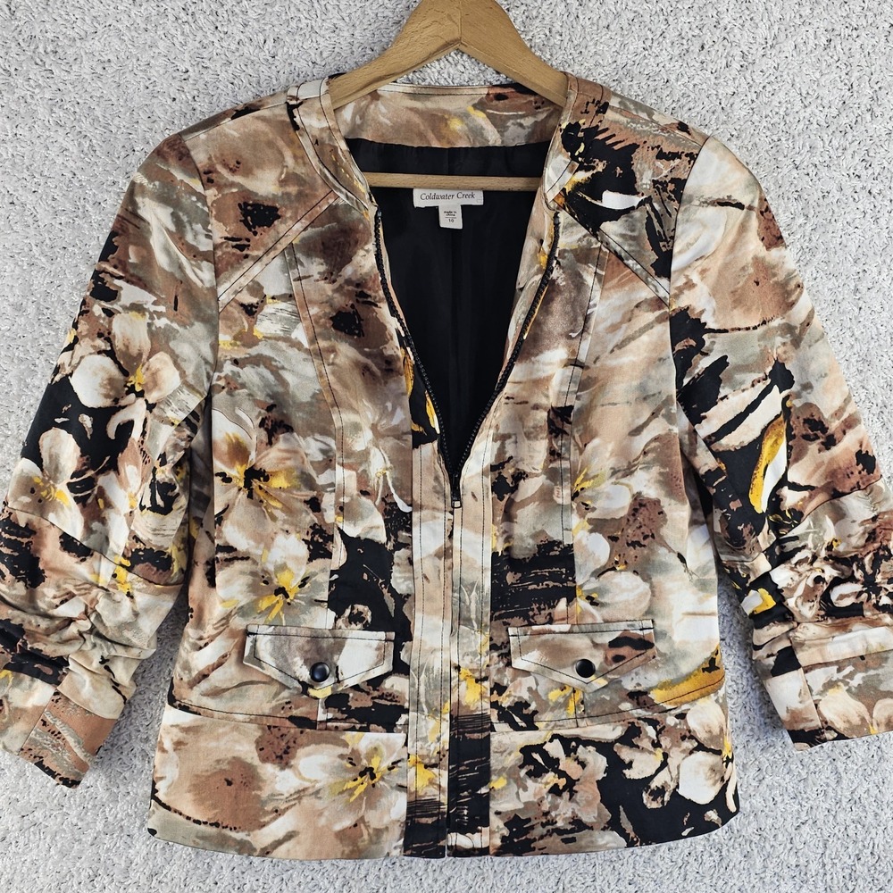 Coldwater‎ Creek Camo Floral Abstract Print Brown Black Zip Jacket Size 10